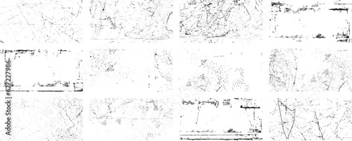 Overlay textures set stamp with grunge effect. Old damage Dirty grainy and scratches. Set of different distressed black grain texture. Distress overlay vector textures. 