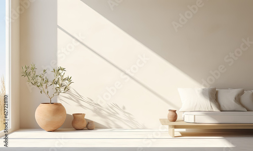 Japanese modern living room in light brown tones. Modern minimalist interior. Background with contemporary design. Modern interior design. 3D render, generative ai. © ShiaoHuai