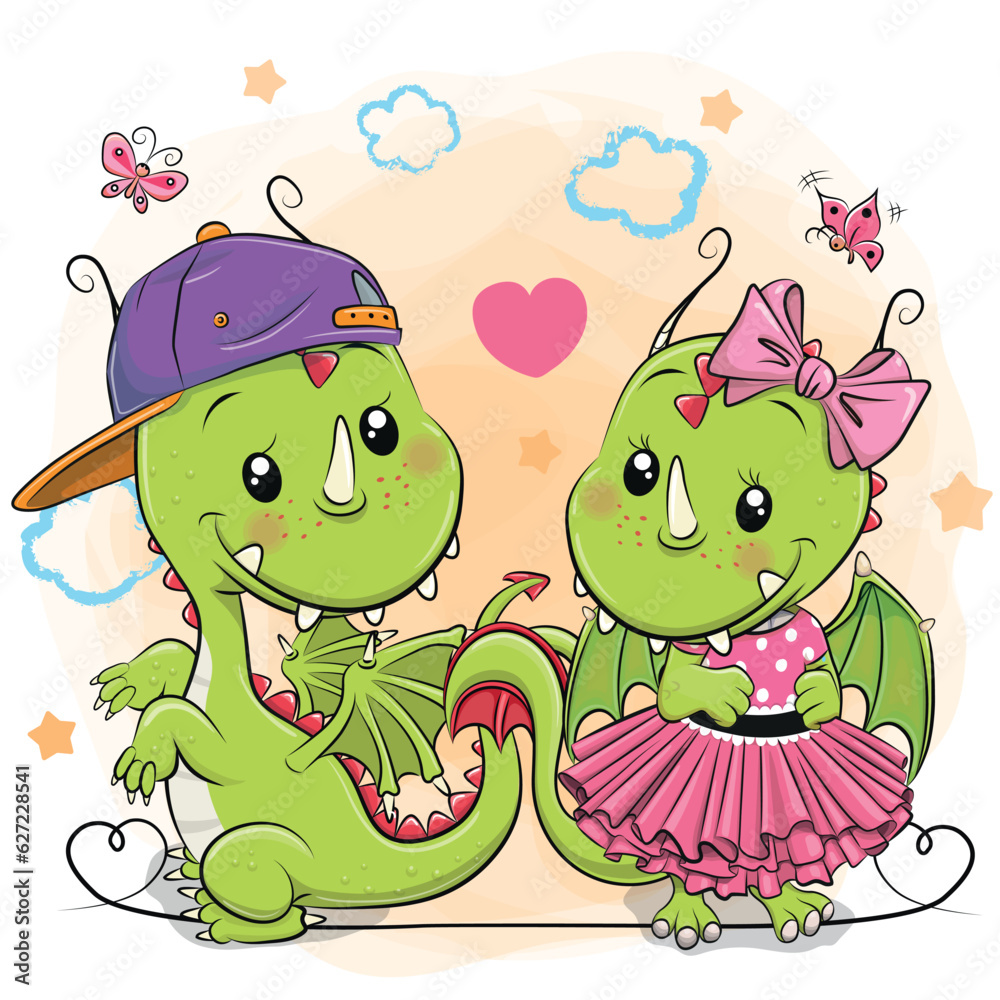Naklejka premium Two Cute Cartoon Dragons Boy and Girl