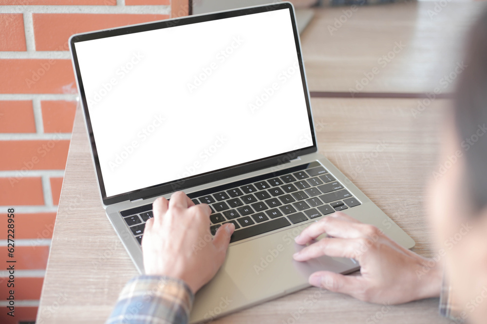 computer screen blank mockup.hand woman work using laptop with white background for advertising,contact business search information on desk at coffee shop.marketing and creative design computer screen blank mockup.hand woman work using laptop with white background for advertising,contact business search information on desk at coffee shop.marketing and creative design