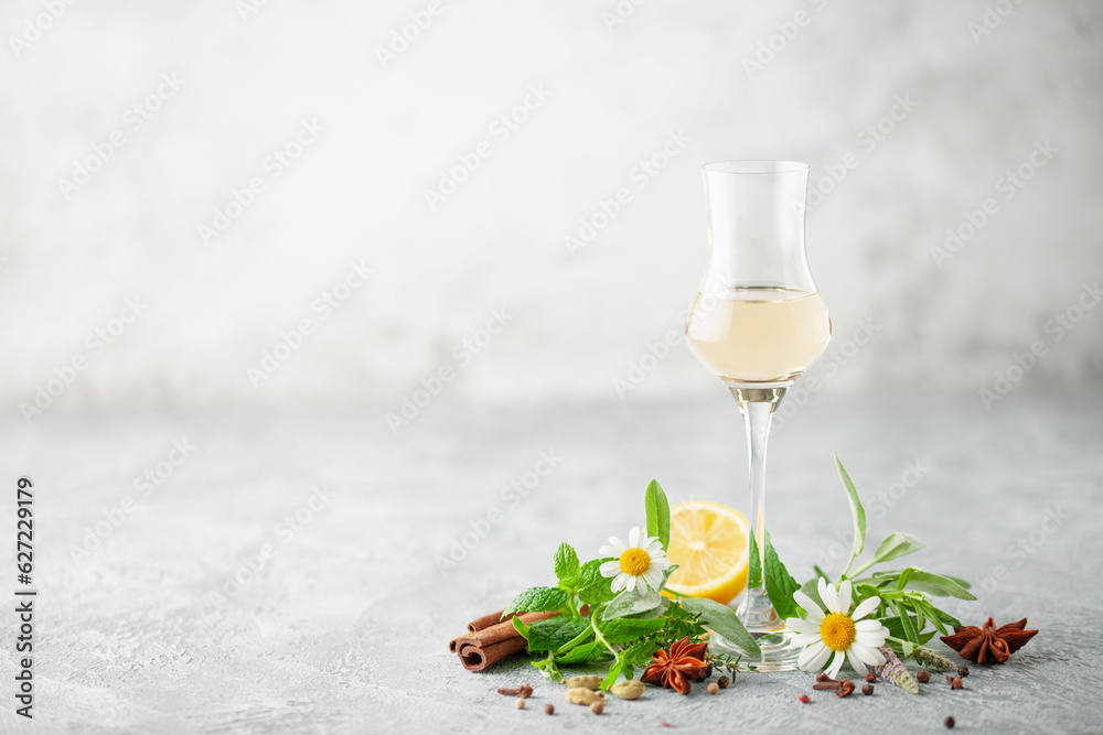 Obraz premium Natural homemade herbal liqueur in glasses. Green leaves and spices .