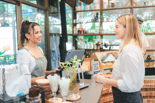 Konstfotografi Smiling waitress wear apron take order talk to clients serving restaurant guests