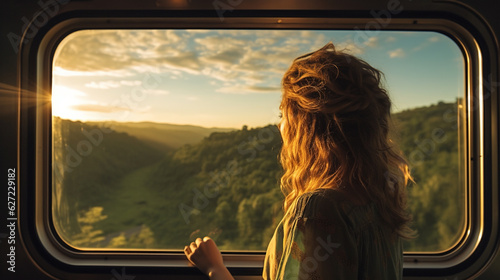Train Travel Adventure: Woman Enjoying the View from the Train Window, Generative AI