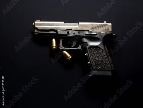 Gun with bullets on black background