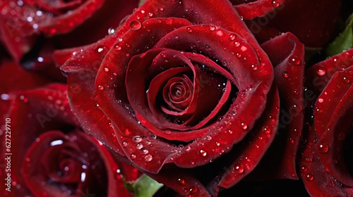 Red Roses flowers with water drops background. Closeup of blossom with glistening droplets. Generative AI