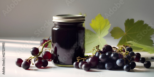 Homemade grapes preserves or jam in a glass jar surrounded by fresh berries