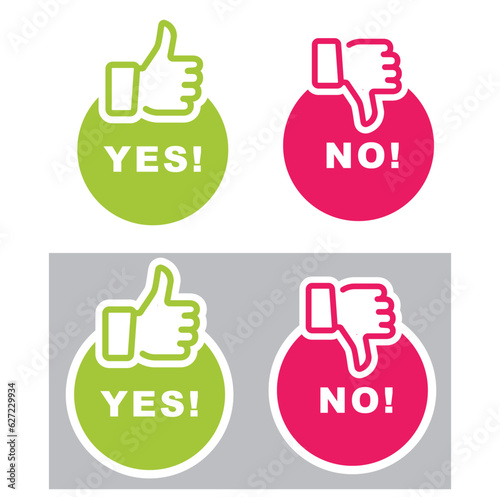 Yes and no button with thumbs up and thumbs down icons, vector, sticker.
