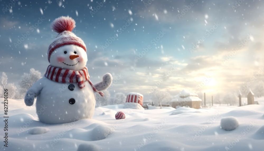 Panoramic view of happy snowman in winter scenery