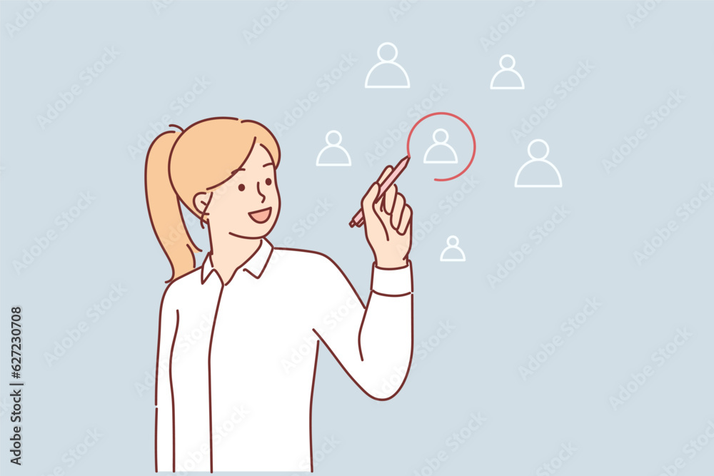 Woman chooses one person from several drawn on digital pad, for concept social media communication Woman chooses one person from several drawn on digital pad, for concept social media communication