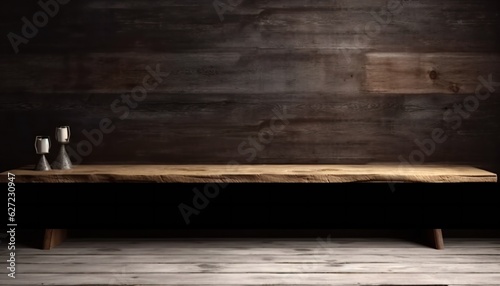 Wooden table and dark wooden wall