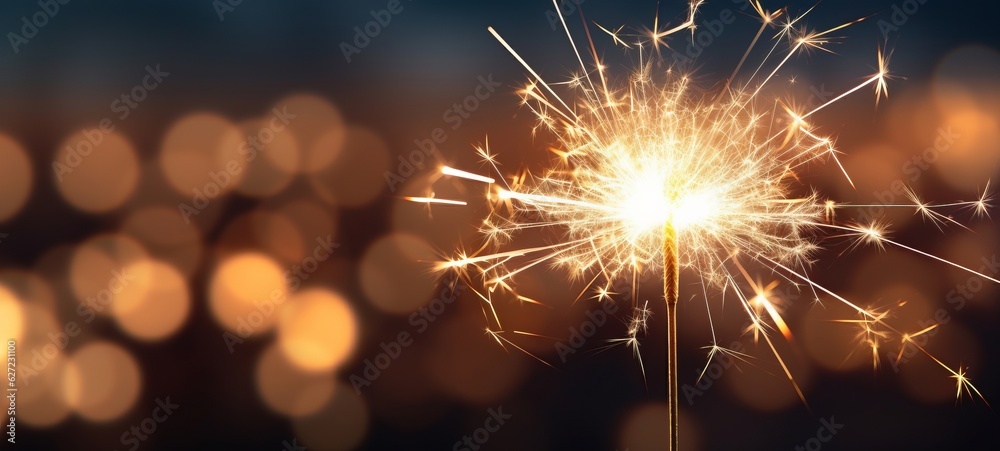 Silvester New Year, New Year's Eve 2024 party event celebration holiday greeting card - Closeup of sparkling sparklers and bokeh lights in the background (Generative Ai)