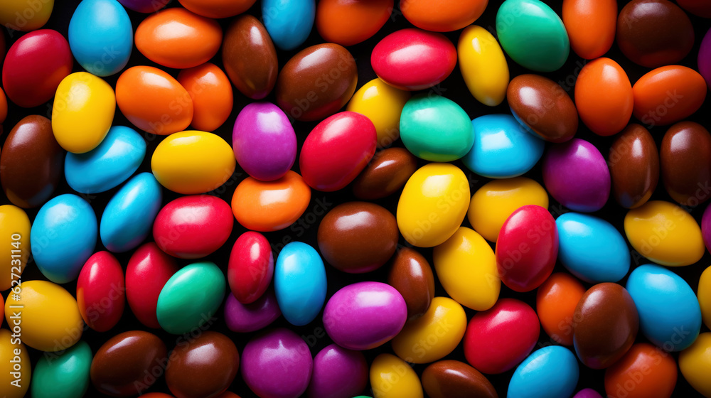 Close up of a pile of colorful chocolate coated candies. Candy background. Generative AI Close up of a pile of colorful chocolate coated candies. Candy background. Generative AI