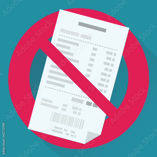 Cash receipt from a store with a circular red strikethrough prohibition symbol on a blue background in flat design style