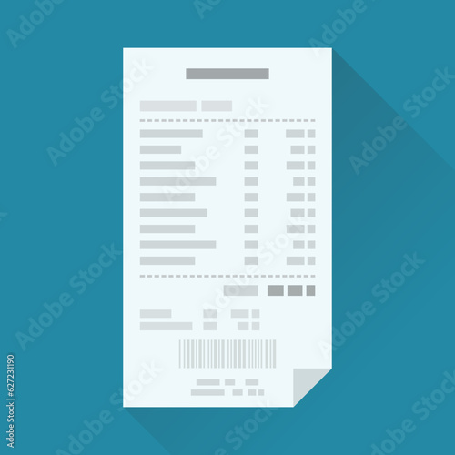 Cash receipt from a store on a blue background in flat design style