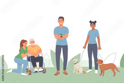 Lady talking with man on wheelchair, lady walking with dogs. Different young volunteers care of nature, animals and invalid people. Flat vector illustration in green colors in cartoon style