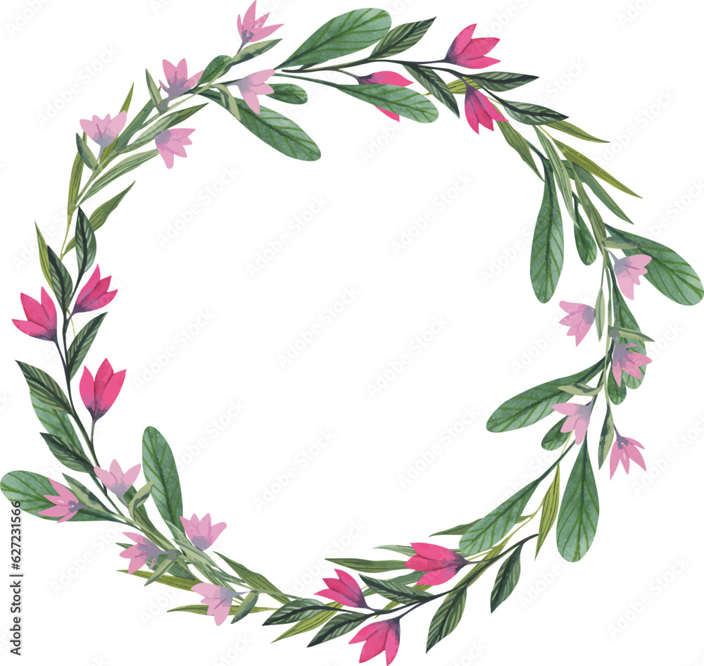 Vector wreath with flowers. Elegant floral collection with isolated pink and purple flowers and green brunches with leaves. Design for invitation, wedding or greeting cards.