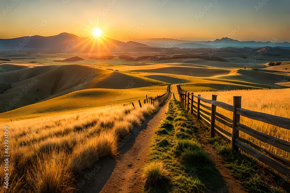  Picturesque landscape, fenced ranch at sunrise