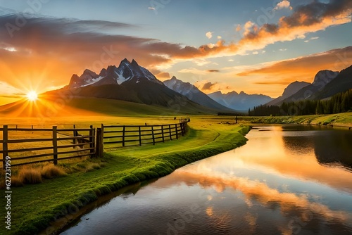  Picturesque landscape, fenced ranch at sunrise