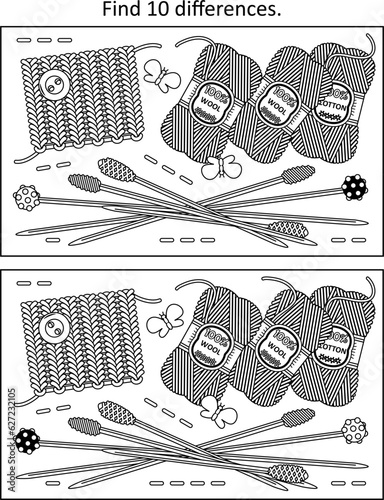 Difference game and coloring page activity with knitting items

