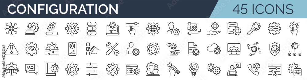 Set of 45 outline icons related to configuration, settings. Linear icon collection. Editable stroke. Vector illustration