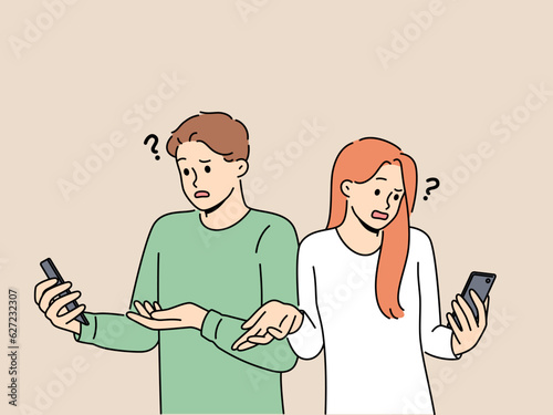 Embarrassed people with phone see error connecting to internet wifi or dead battery of gadget shrug. Man and woman are having problems due to broken mobile phone or reading fake news.