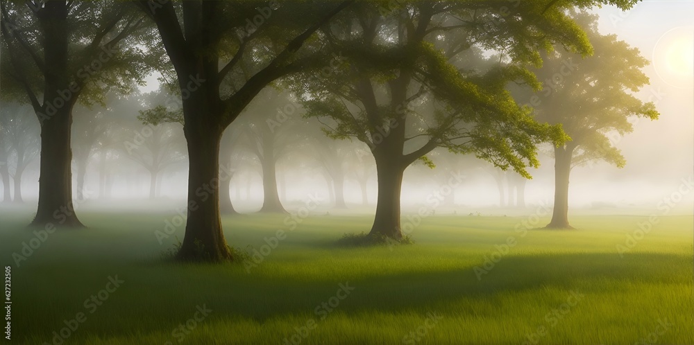 A foggy morning in a lush. AI generated illustration A foggy morning in a lush. AI generated illustration