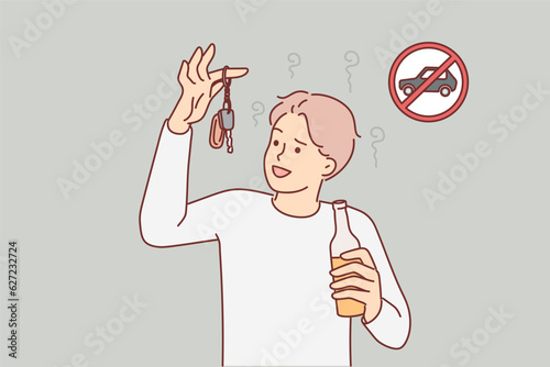 Drunk man driver holding car key and bottle of alcoholic drink about to commit crime and drive
