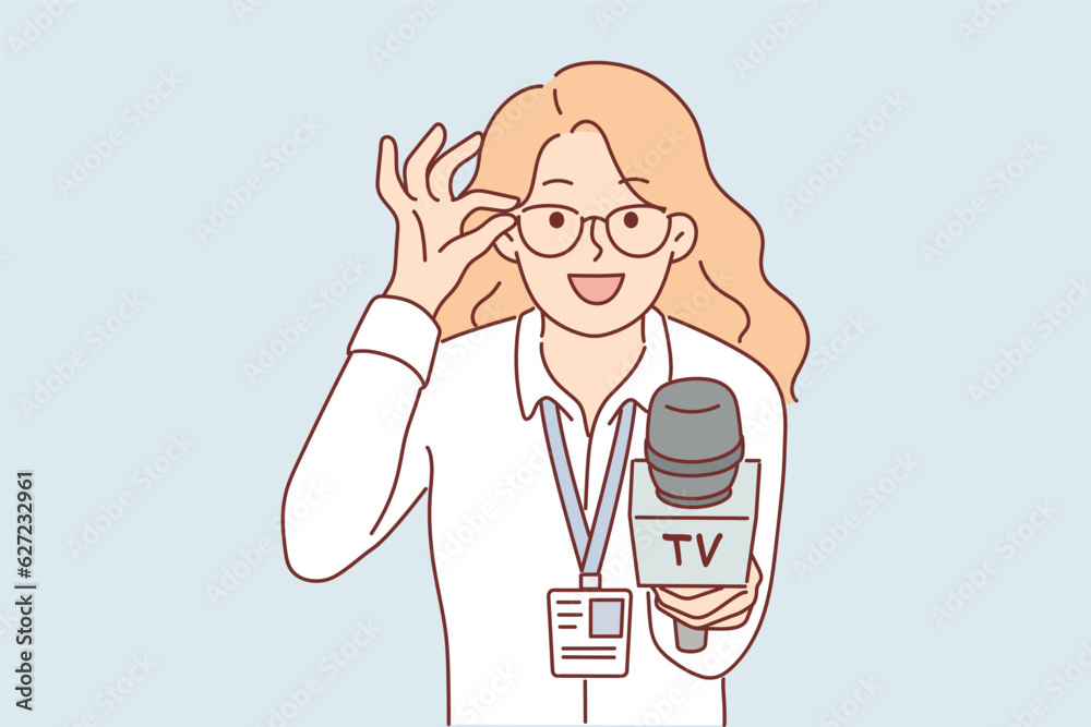 Woman reporter with microphone adjusts glasses and interviews politician or manager of corporation Woman reporter with microphone adjusts glasses and interviews politician or manager of corporation