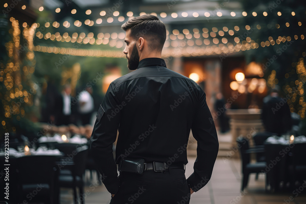 Security Guard In Black Stands With His Back To Private Events