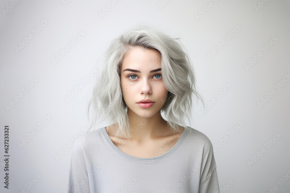Young Woman With Gray Hair On White Background Young Woman With Gray Hair On White Background