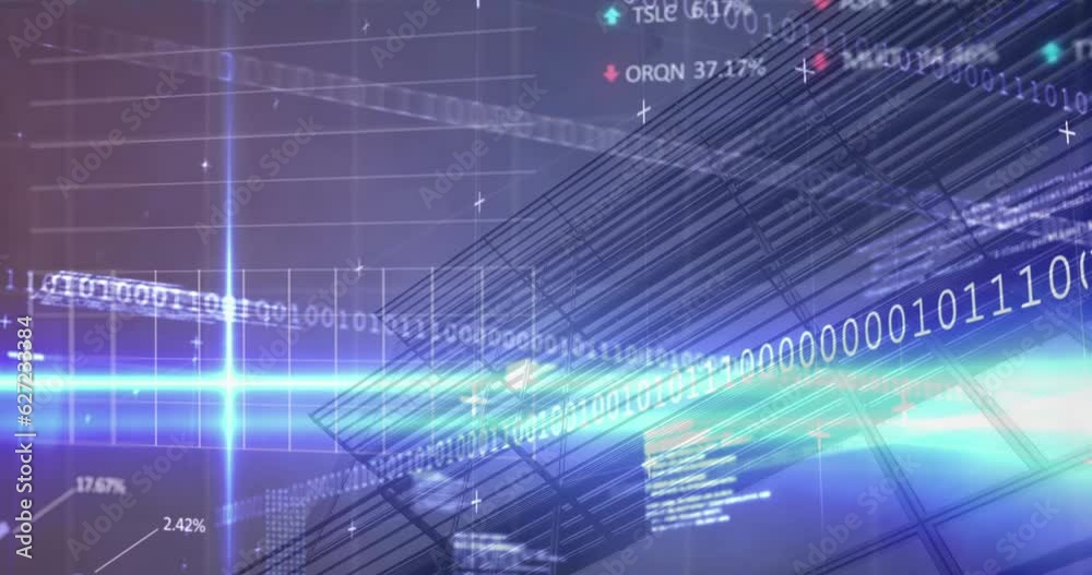 Animation of statistical, stock market data processing, blue light trails over view of tall building Animation of statistical, stock market data processing, blue light trails over view of tall building
