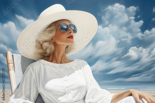 Woman Sits On The Beach Wearing White Sunglasses With White Hat