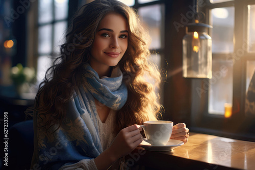 Beautiful Happy Woman In Cafe With Cup In Her Hand, Realistic Photo