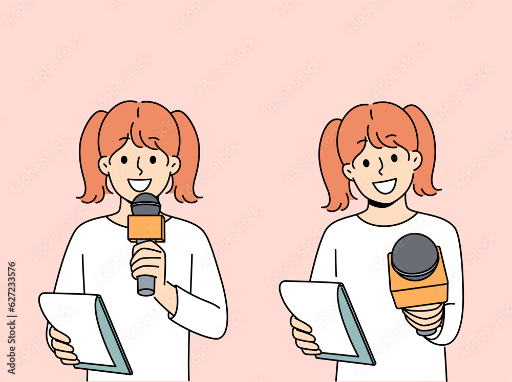 Little girl reporter with microphone smiling participating in shooting of educational TV show for children. Schoolgirl dreams of becoming reporter and working for television to interview celebrities. Little girl reporter with microphone smiling participating in shooting of educational TV show for children. Schoolgirl dreams of becoming reporter and working for television to interview celebrities.