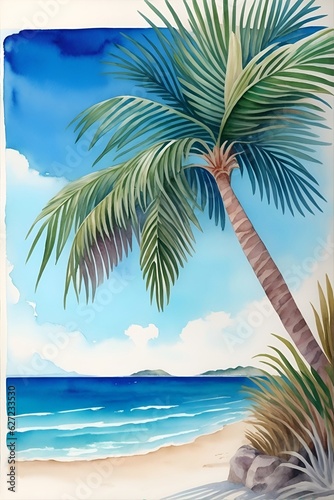 Ocean coast palm seashore. AI generated illustration © vector_master