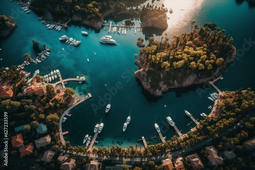 Bird's-eye view of a lovely bay adorned with a marina filled with yachts close to the ancient town of Kaleici in Antalya, Turkey's Riviera and resort haven. Generative AI
