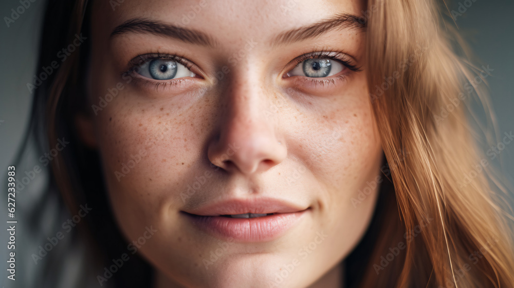 Photo Realistic Image of Supermodel’s Face with Skin Imperfections and Daylight Tones. Everyday Happy Living With No Trouble Concept. AI Generated. Photo Realistic Image of Supermodel’s Face with Skin Imperfections and Daylight Tones. Everyday Happy Living With No Trouble Concept. AI Generated.