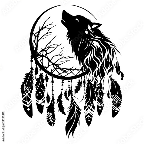 Dream catcher, dreamcatcher, wolf, spirit animal, vector graphic on white background
