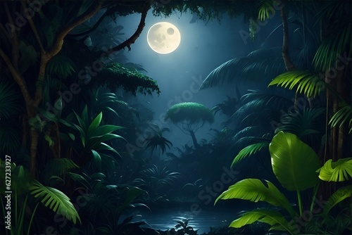 The jungle with moonlight. AI generated illustration