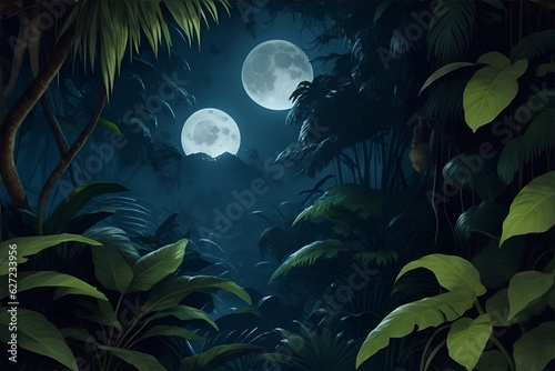 The jungle with moonlight. AI generated illustration