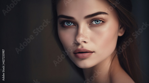 Photo Realistic Image of Supermodel Face in Dark Setting. Detailed Skin Beauty Shot. AI Generated. © atdigit