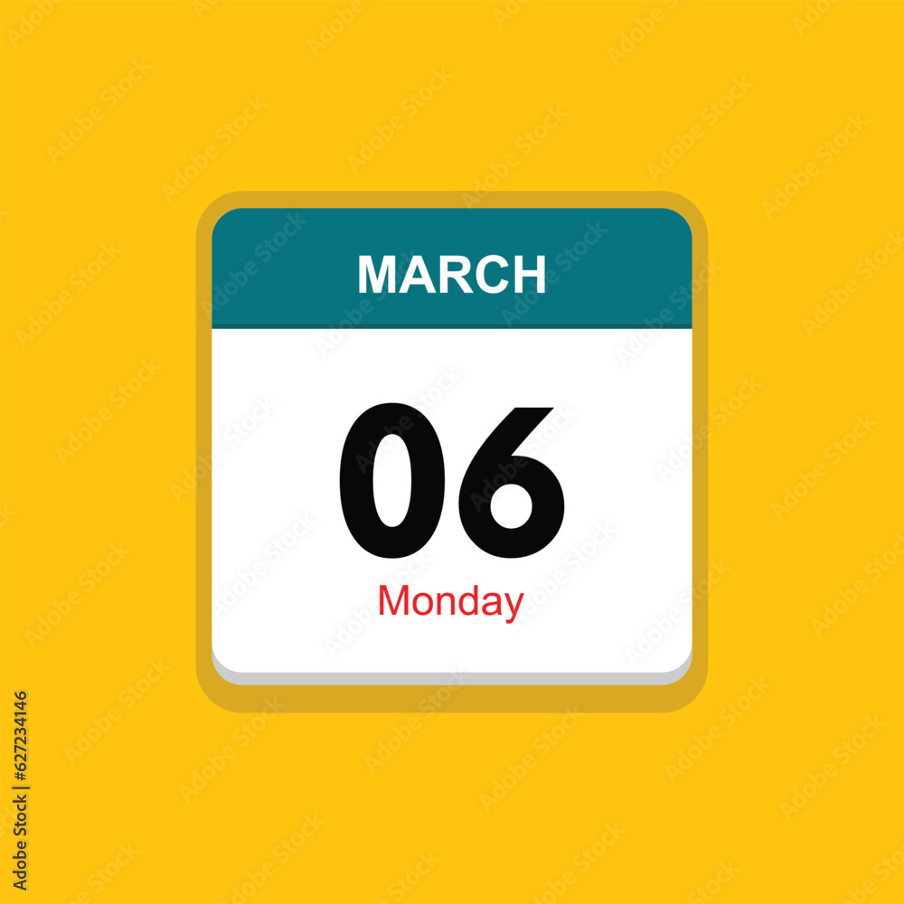monday 06 march icon with black background, calender icon