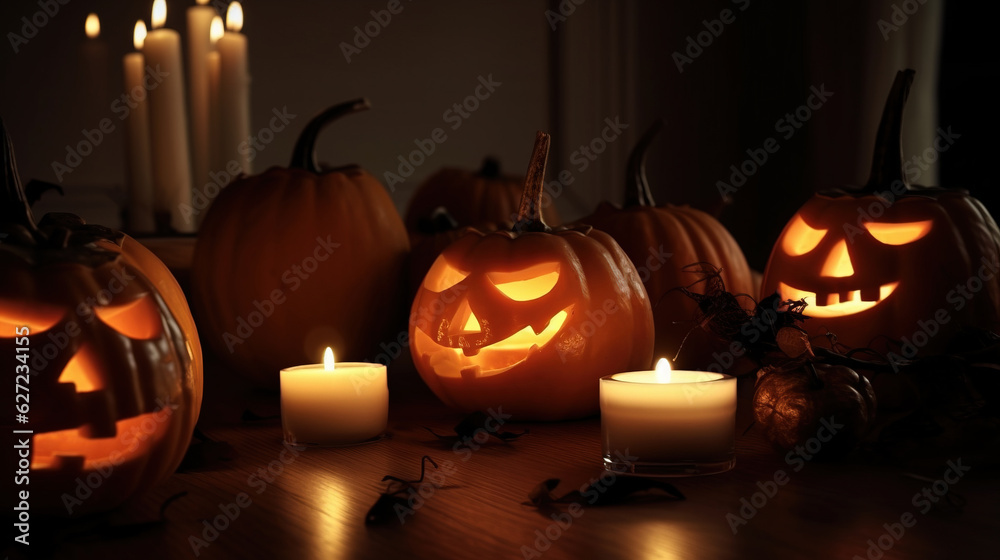 Fototapeta premium Halloween composition of a burning group of pumpkins with a candle, dark background. AI generated.
