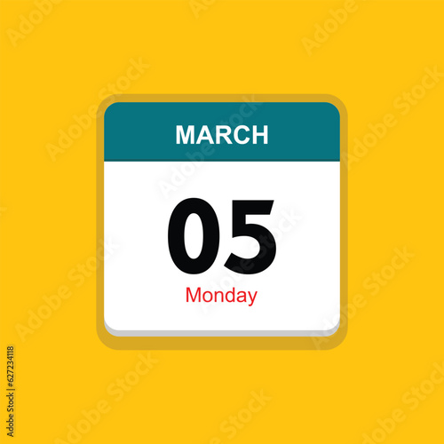 monday 05 march icon with black background, calender icon