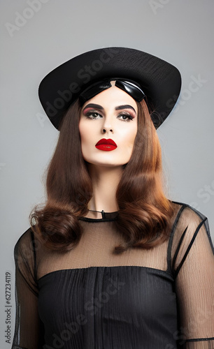 portrait of a woman with red lips, black wear, and a hat