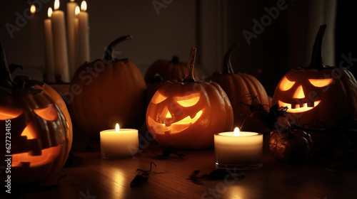 Halloween composition of a burning group of pumpkins with a candle, dark background. AI generated.