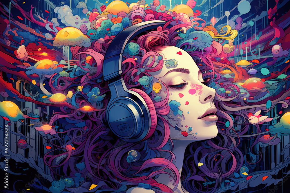 Girl with headphones in a colorful vivid background. An illustration of auditory hallucinations. Mental health concept