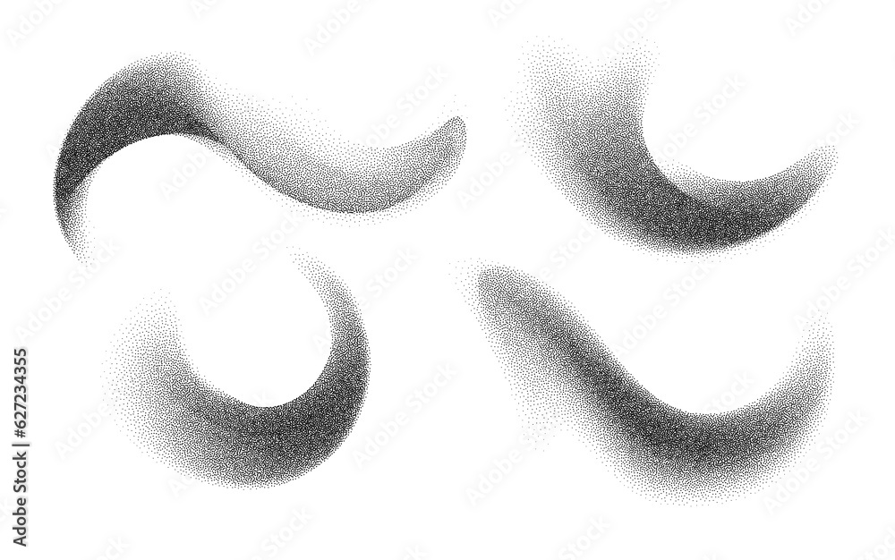Charcoal splashes, black dotwork grain texture, abstract stipple sand effect, gradient from dots isolated on white background. Vector illustration.
