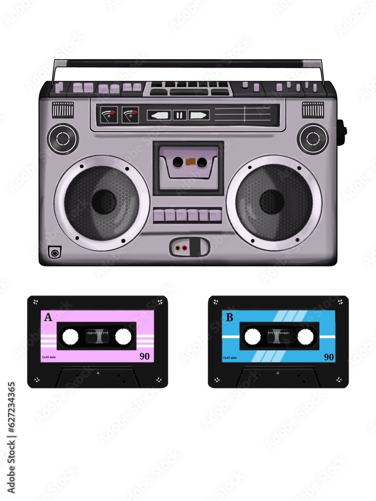 audio cassette isolated on white, radio and tape with cassette in retro style,  listen music from cassette