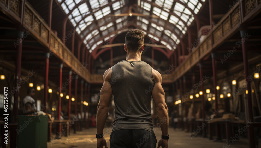 Handsome man gym back pose Handsome man gym back pose